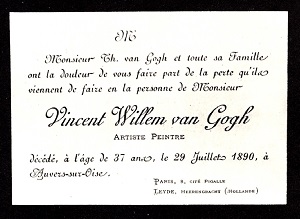 На фото изображение карточки, с информацией о похоронах Ван Гога